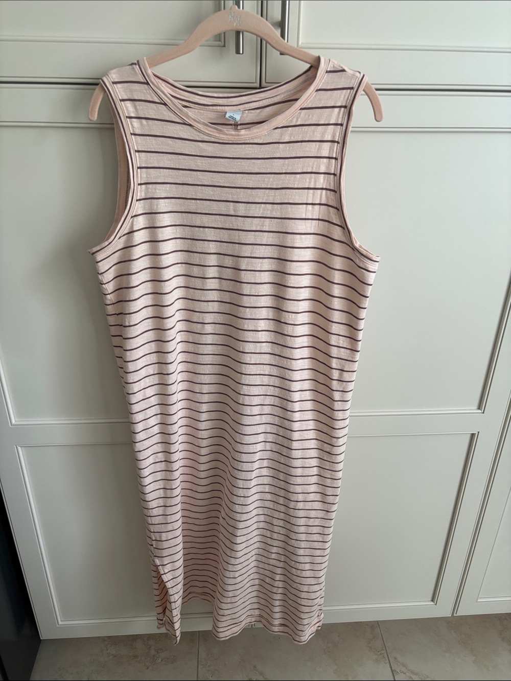 Old Navy Light Pink Midi dress with Brown Stripes. Large